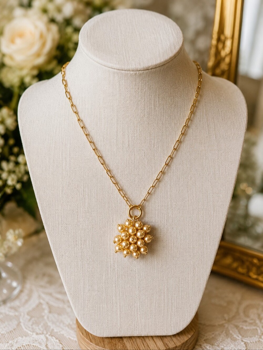 Vintage Faux Pearl Cluster Flower Charm Pendant + Plunder Chain Necklace Circle